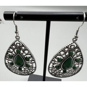 Jewelry Earrings Dangle 2" Teardrop Silver Tone Circle Design Green Acrylic Ston